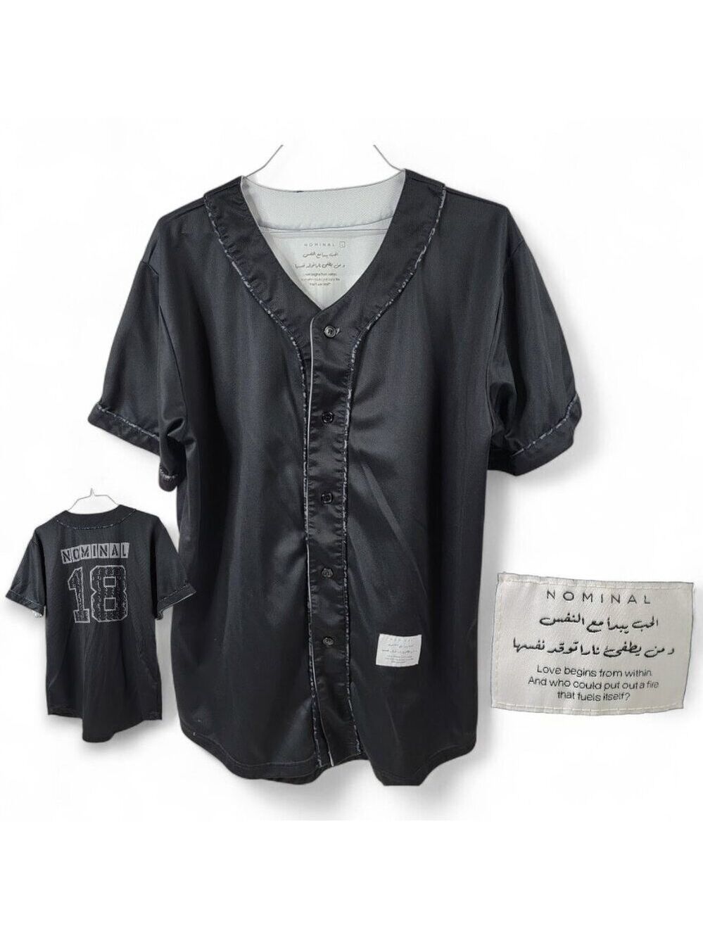 Nominal Arabic Script Baseball Jersey | Black Satin Button-Up | Size L